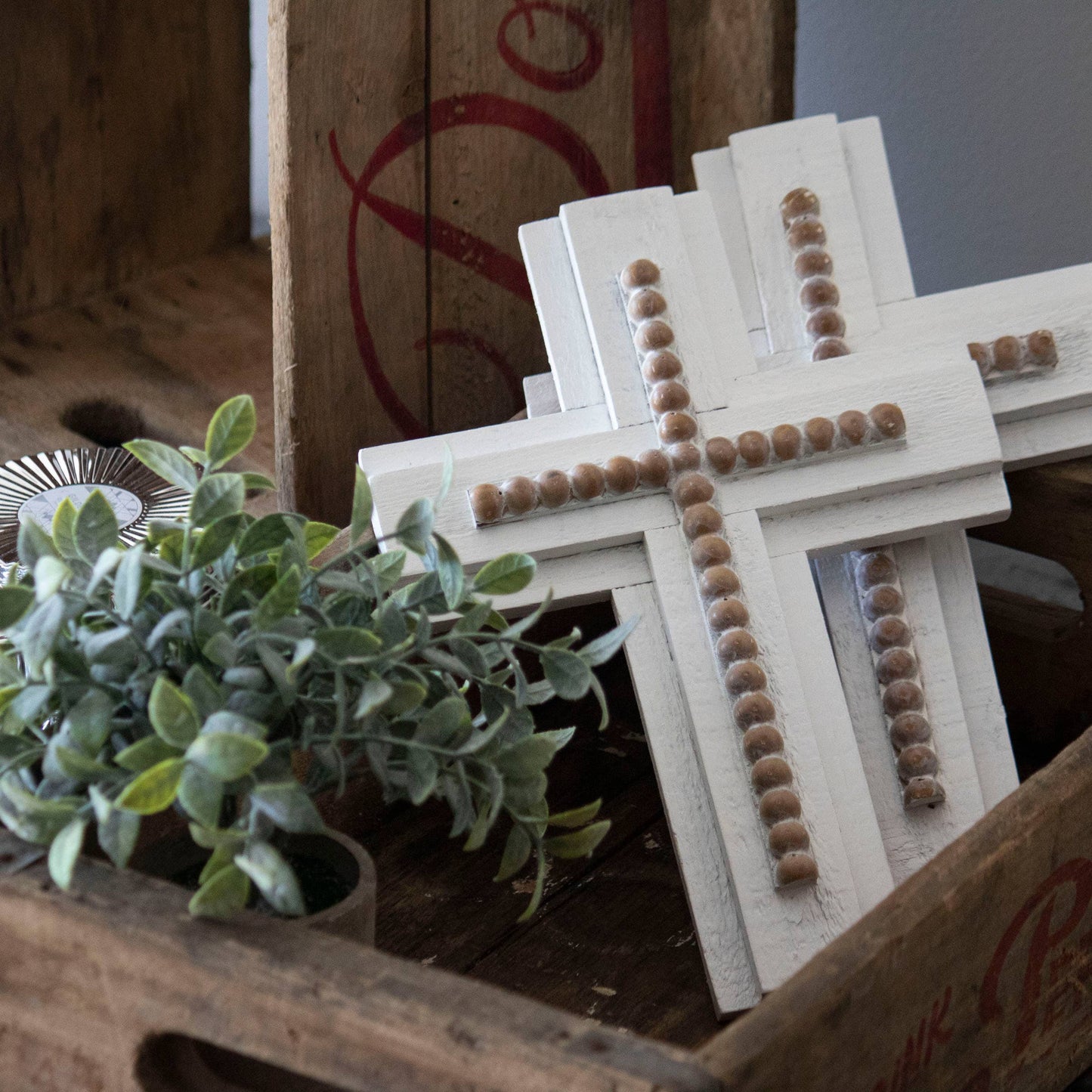 White Wood Beaded Cross