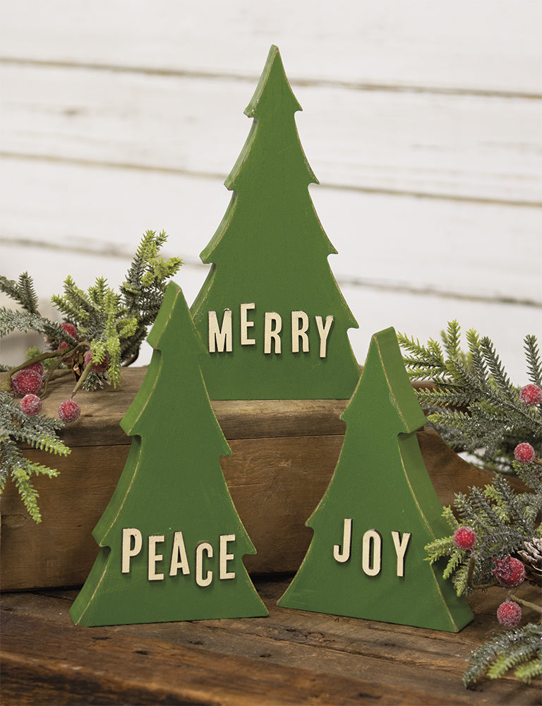 Joy, Peace, Merry Wooden Tree Set