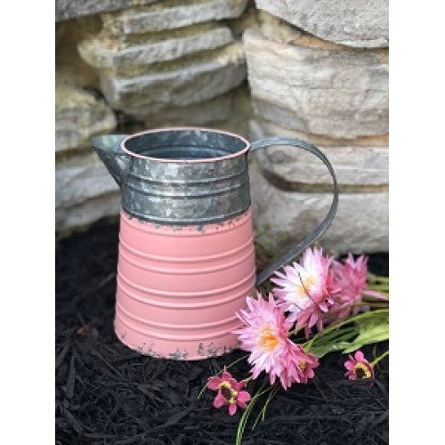 Pink and Galvanized Metal Pitcher