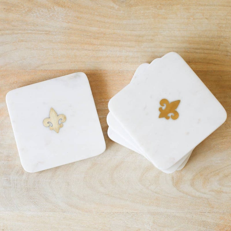 Fleur de Lis Marble Coasters White/Brass
