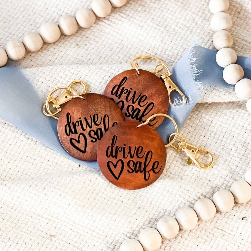 Drive Safe Wooden Engraved Gold Keychain